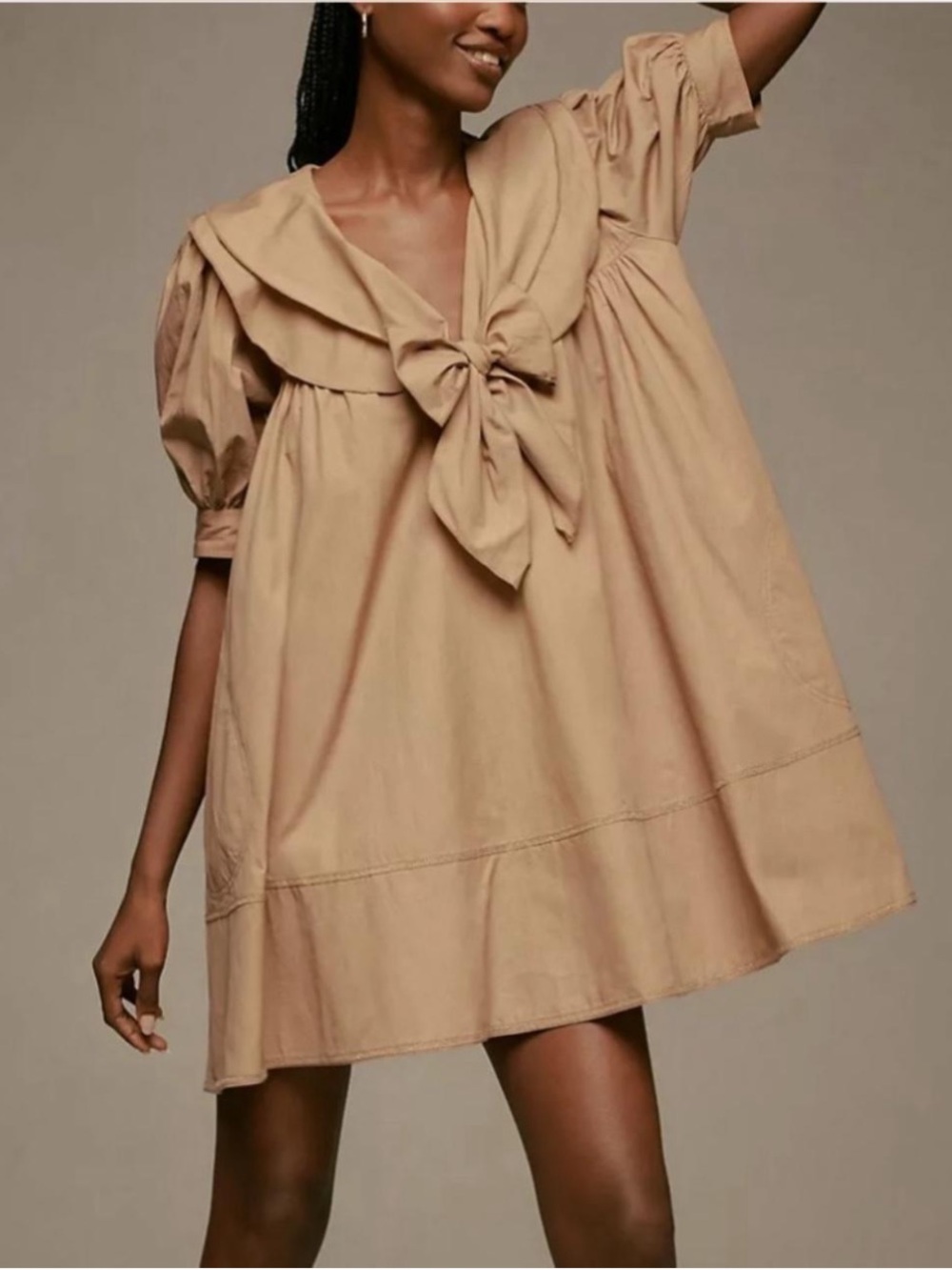 Anthropologie, Pilcro. Sailor Collar Tie-Front Mini Dress in Tan